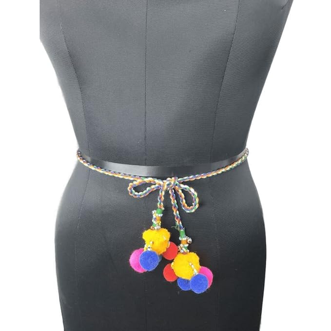 Multicolour Braided/Knitted Cord/Rope Belt with POMPOM and GHUNGROO for Women and Girl DIY