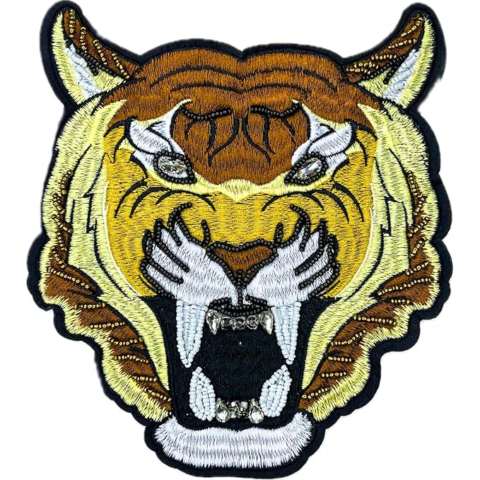 A large, embroidered tiger head patch in shades of brown, gold, and white with a beaded design.