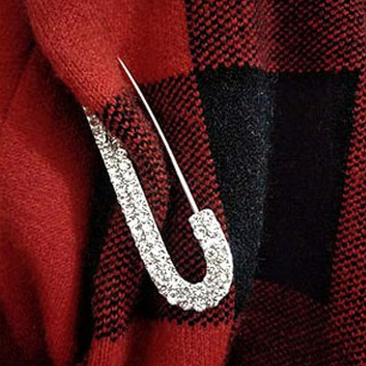 Rhinestone Detailed Silver Safety Pin Brooch