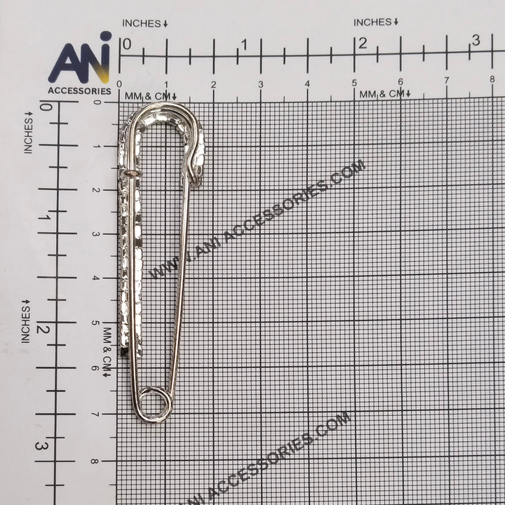 Rhinestone Detailed Silver Safety Pin Brooch