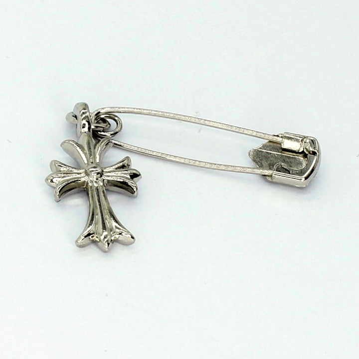 Cross Metallic Silver Safety Pin Brooch