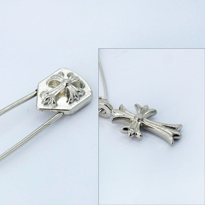 Cross Metallic Silver Safety Pin Brooch
