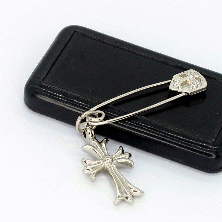 Cross Metallic Silver Safety Pin Brooch