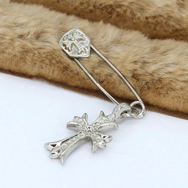 Cross Metallic Silver Safety Pin Brooch