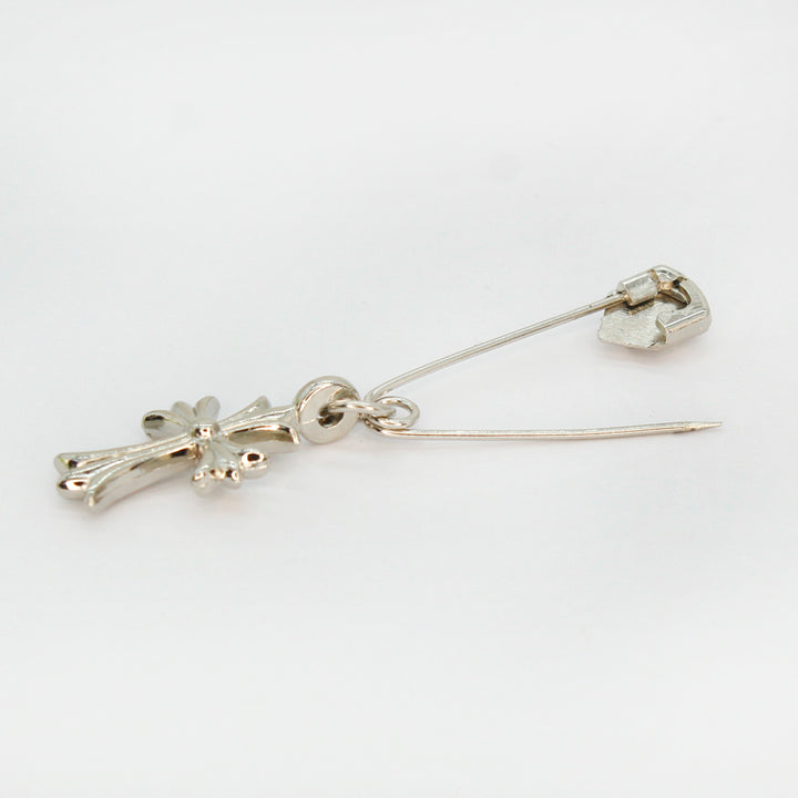 Cross Metallic Silver Safety Pin Brooch