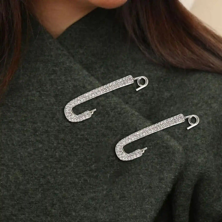 Rhinestone Detailed Silver Safety Pin Brooch