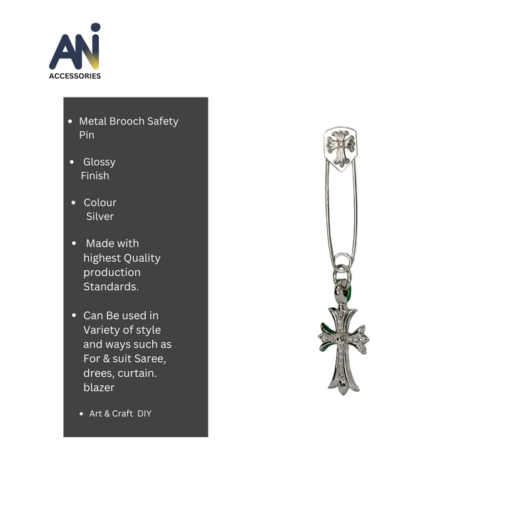 Cross Metallic Silver Safety Pin Brooch
