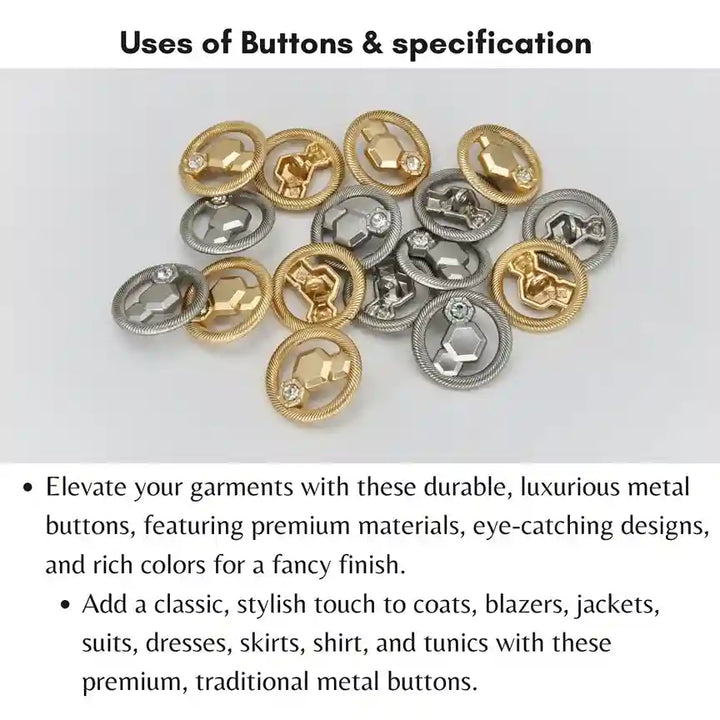 Hexagon Rope-Edge Jewel Metal Button | 18mm(28L), 20mm(32L) & 23mm(36L)