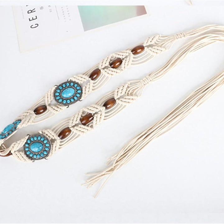 Knotted turquoise blue and brown beaded ivory white macrame belt