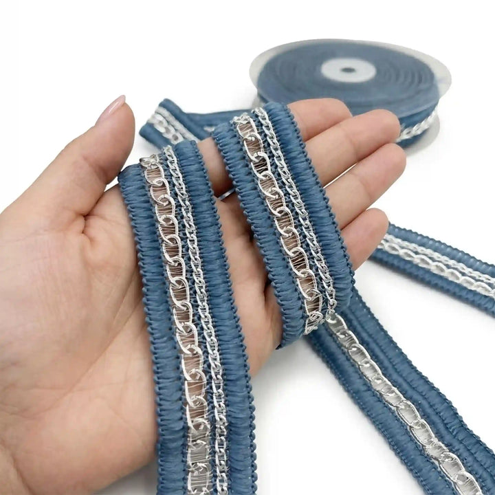 Blue Silver Chain Lace Border, 2.5 cm (2 Metres) S9L-4