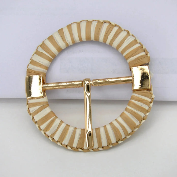 Handwoven Straw Round Buckle with Metal Pin