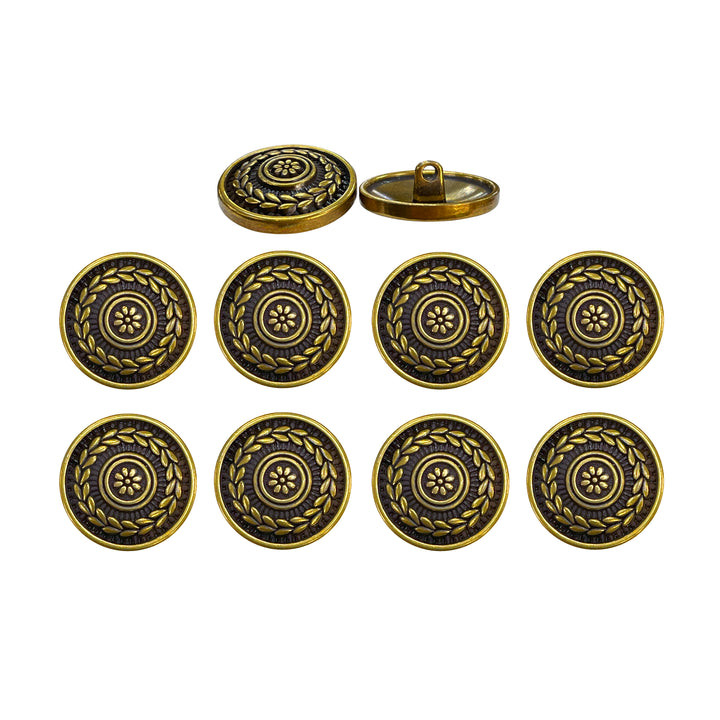 Round Elegant Antique Brass Metal Shank Button (Pack of 8 Buttons)