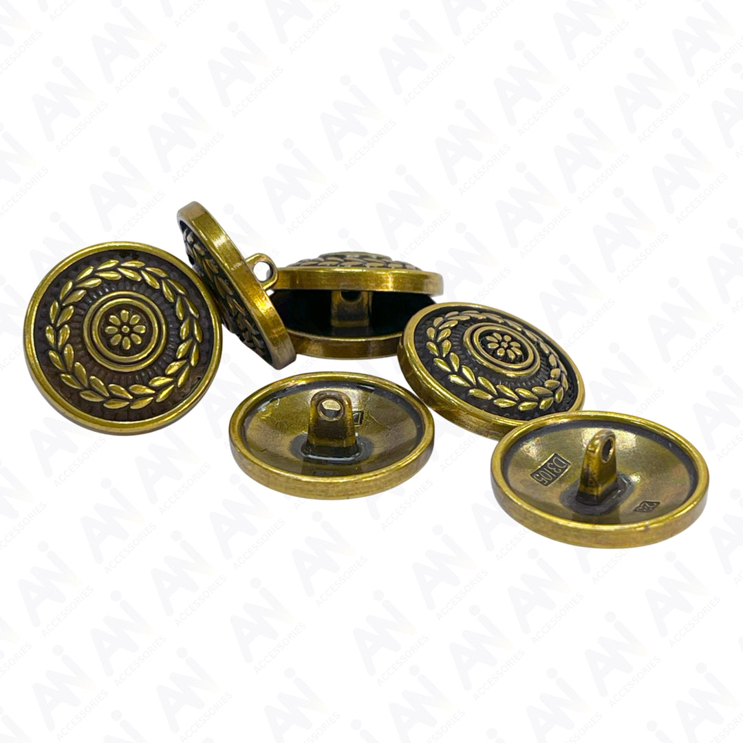 Round Elegant Antique Brass Metal Shank Button (Pack of 8 Buttons)