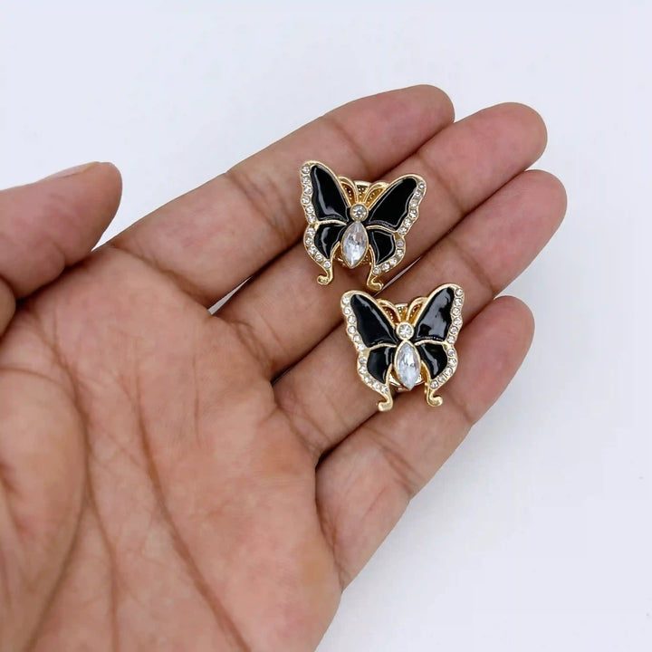 Black Enamel Rhinestone Butterfly Button Cover