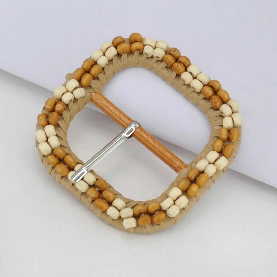 Square Raffia Buckle with Cream & Brown Beads | 2.9 inches(7.5cm)