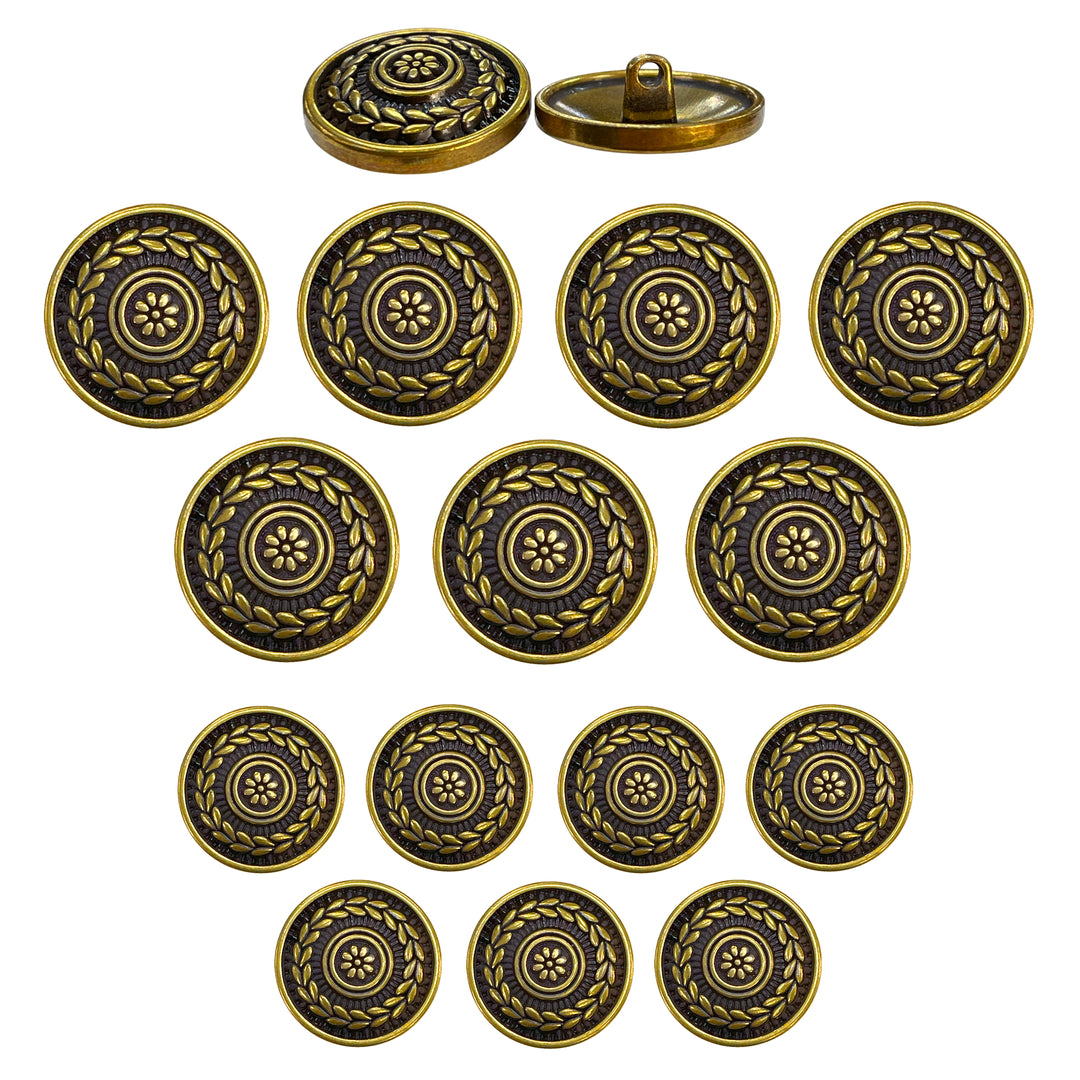 Round Elegant Antique Brass Metal Shank Button (Pack of 8 Buttons)