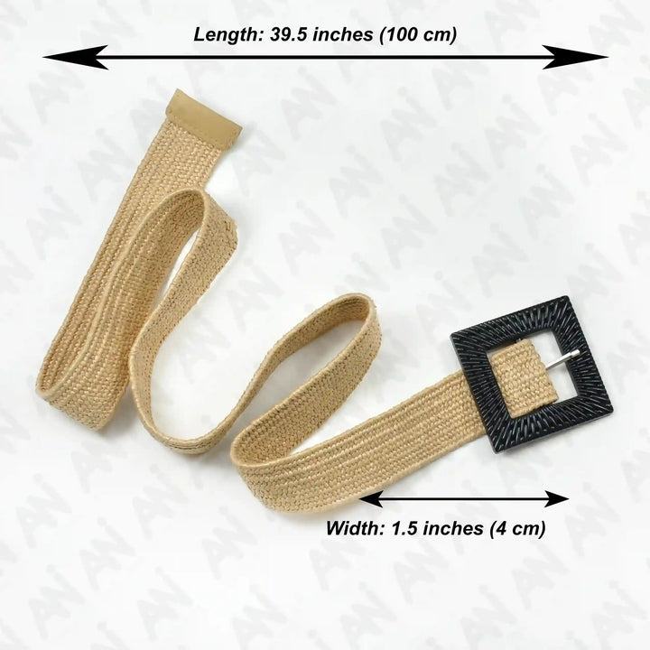 Square Black Textured Buckle Raffia Belt
