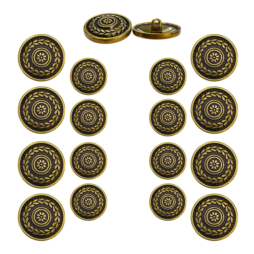 Round Elegant Antique Brass Metal Shank Button (Pack of 8 Buttons)