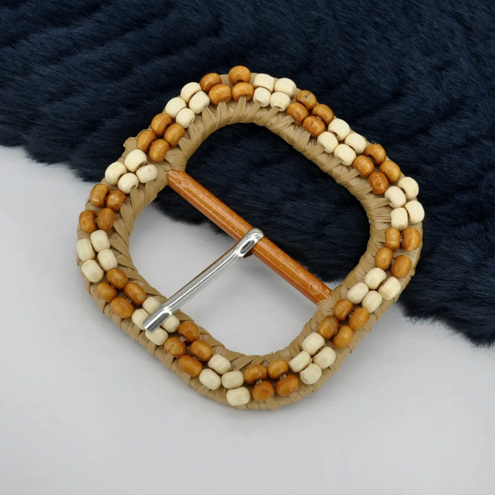 Square Raffia Buckle with Cream & Brown Beads | 2.9 inches(7.5cm)