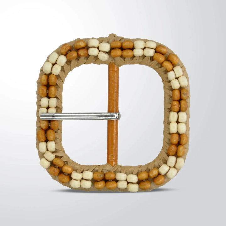 Square Raffia Buckle with Cream & Brown Beads | 2.9 inches(7.5cm)