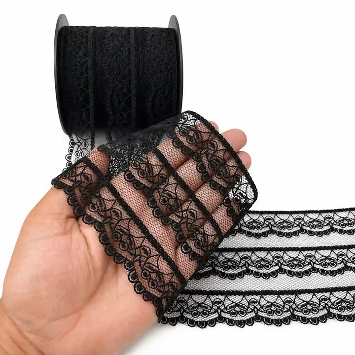 Black Multi-Striped Floral Lace | 5 Meters | SLU-B8