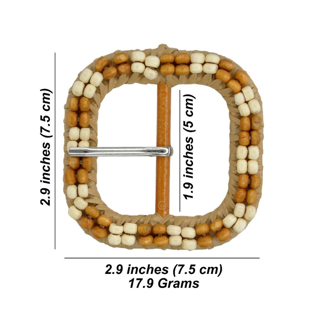 Square Raffia Buckle with Cream & Brown Beads | 2.9 inches(7.5cm)