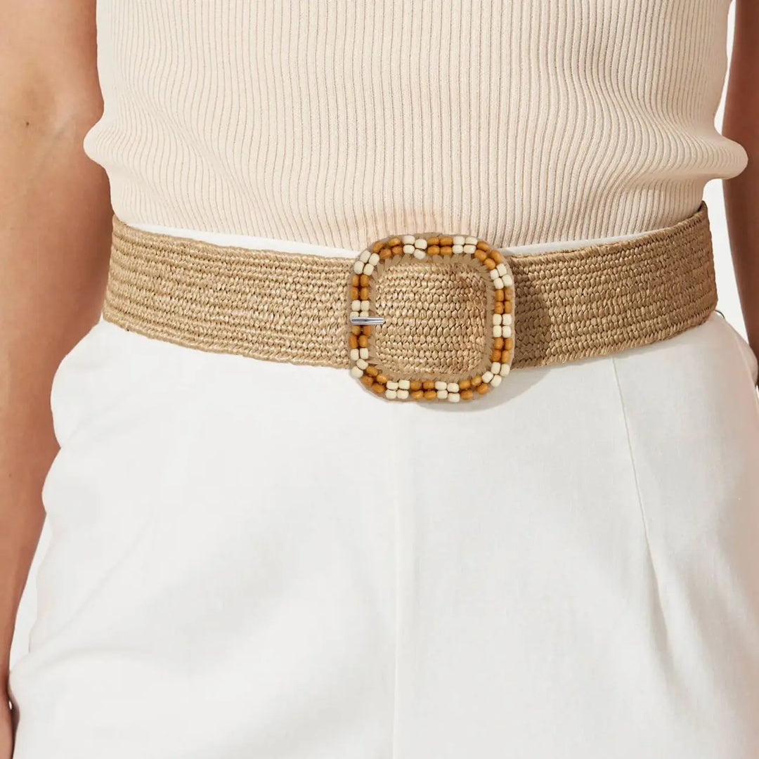 Square Raffia Buckle with Cream & Brown Beads | 2.9 inches(7.5cm)