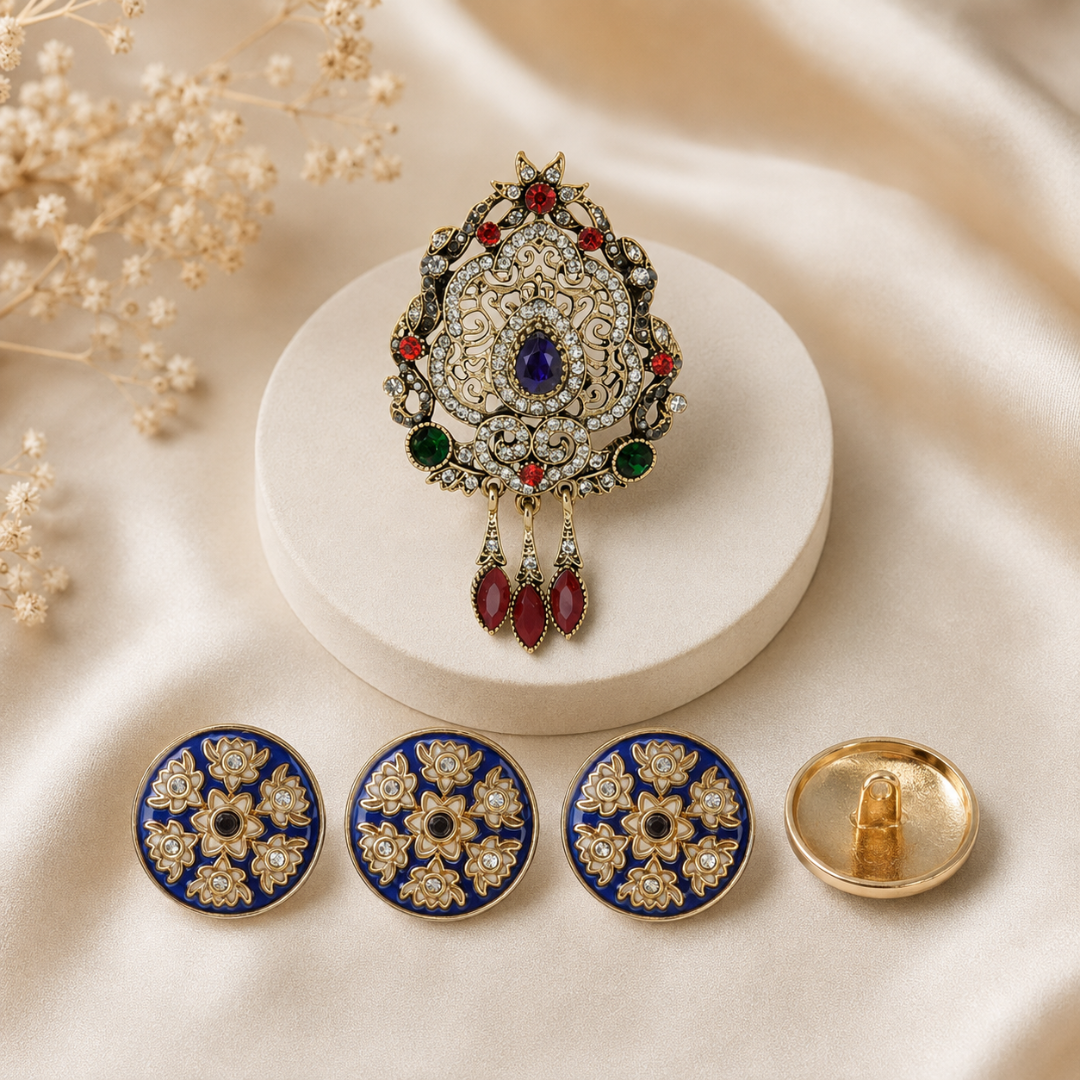 Designer Brooch & Blue Floral Buttons Combo Pack