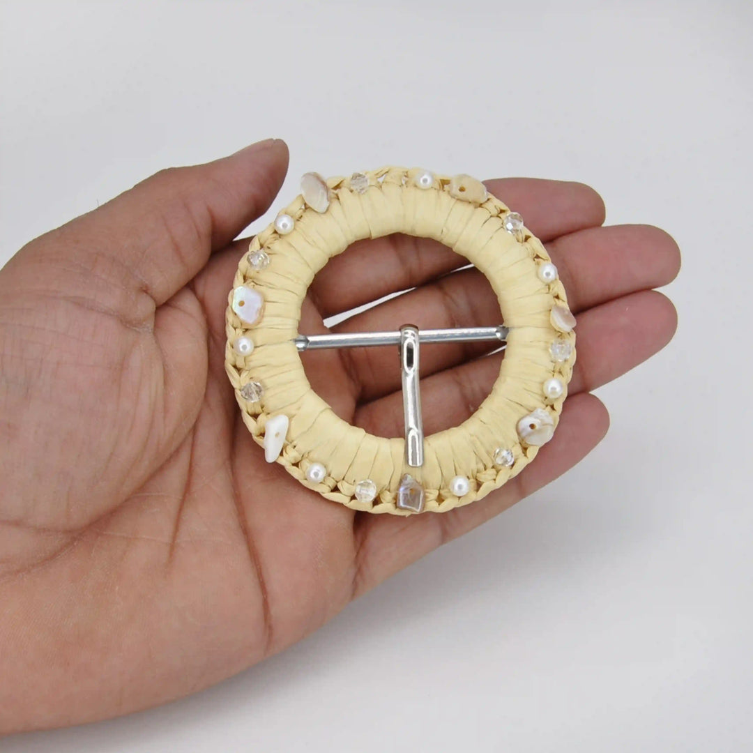 Artisanal Raffia Buckle with Shells & Pearls