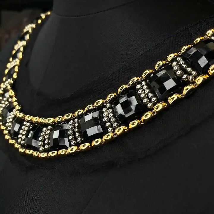 Black and Gold Crystal Round Neckline
