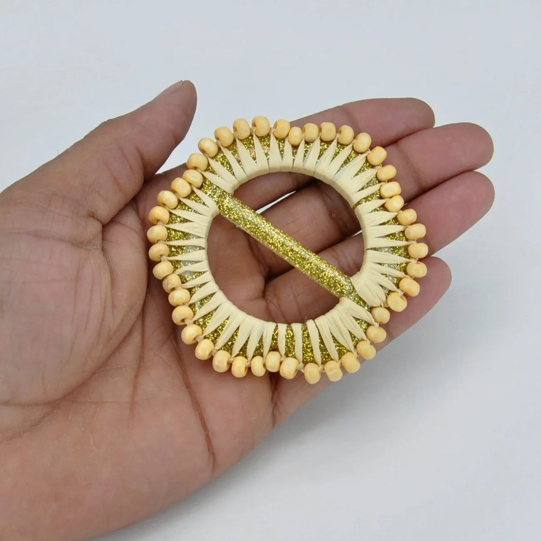 Mustard Raffia Round Buckle with Wooden Beads | 2.8 inches (7.2cm)