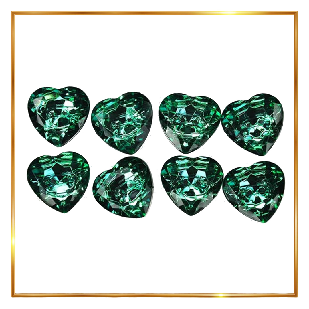 Radiant Dark Green Crystal Heart-Shaped Acrylic Buttons