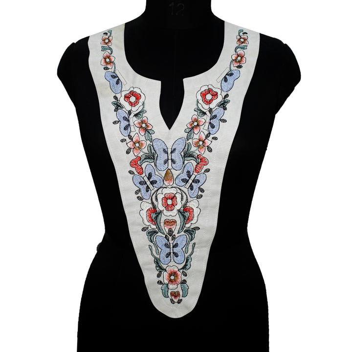 Delicate floral and butterfly embroidery neckline design