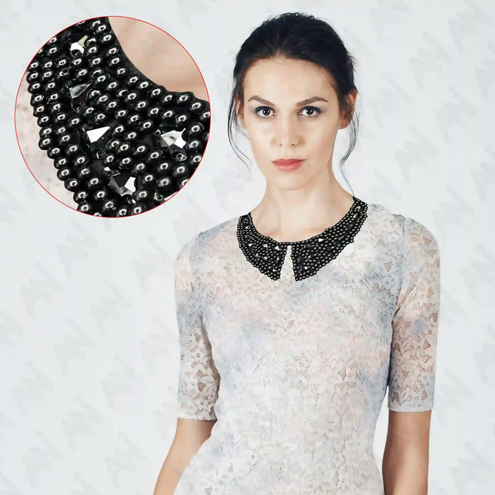 Black Bead Embellished Collar Neckline