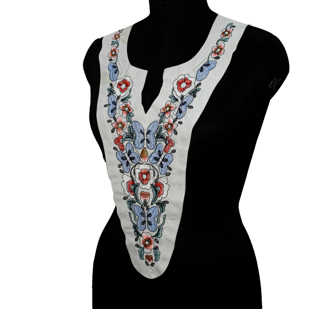 Delicate floral and butterfly embroidery neckline design