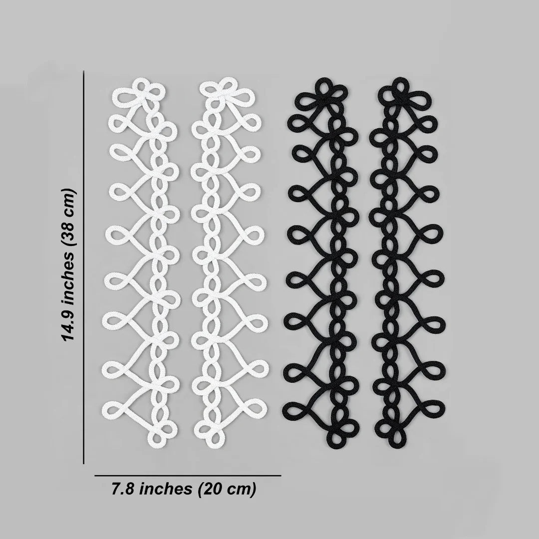 Two decorative lace trim strips shown on a gray background, one white and one black, with dimension labels indicating 14.9 inches by 7.8 Inches