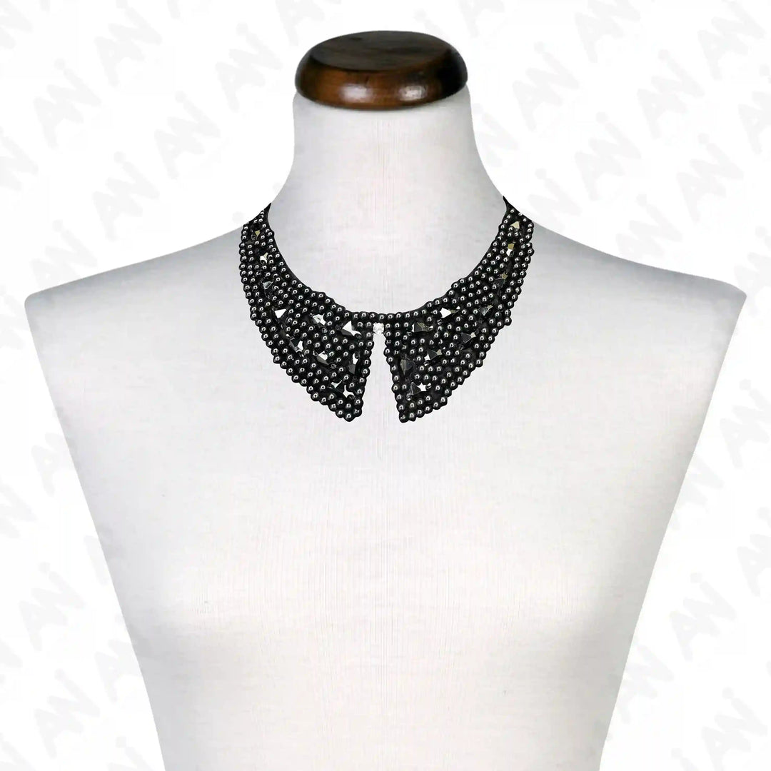 Black Bead Embellished Collar Neckline