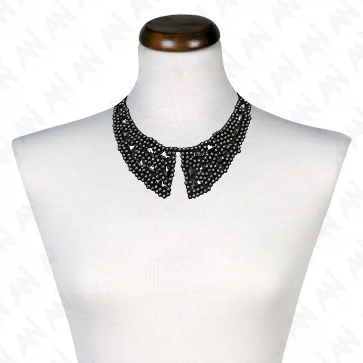 Black Bead Embellished Collar Neckline