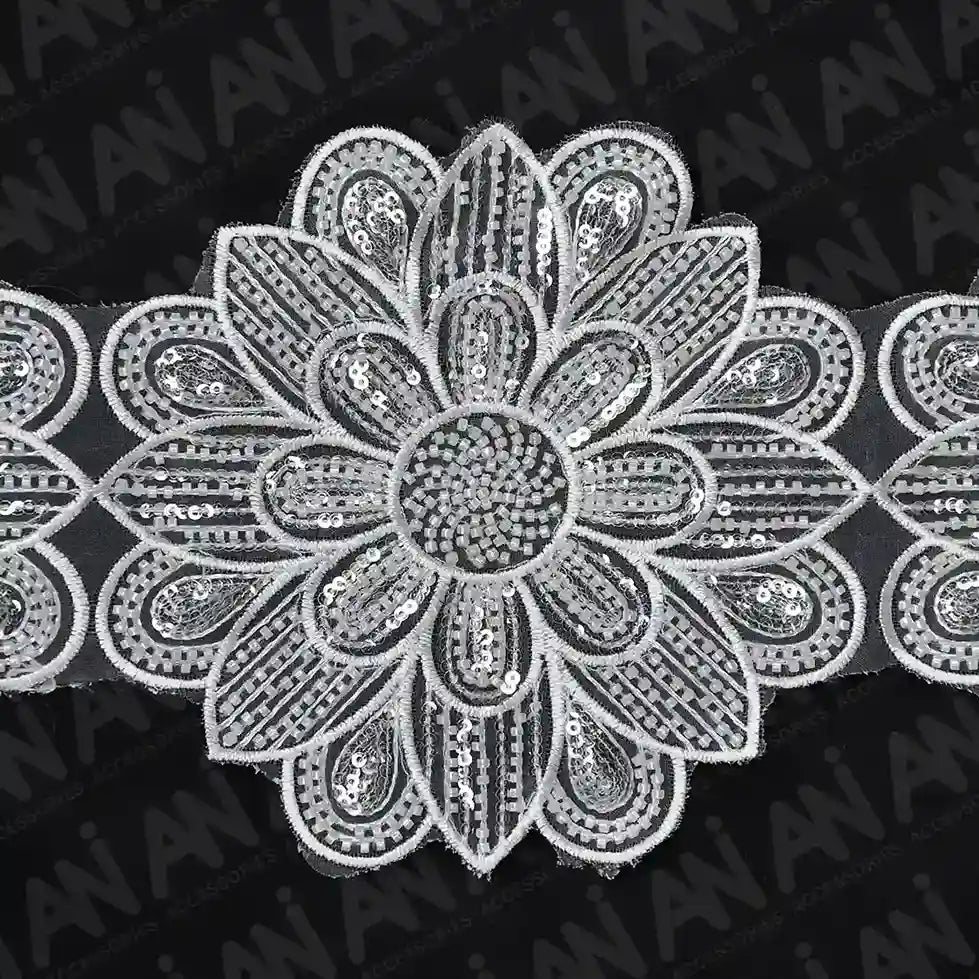 Beaded cut work Sunflower Lace Trim on net | 1 Meter