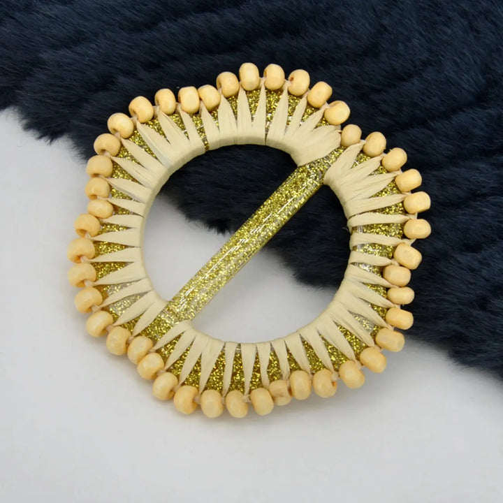 Mustard Raffia Round Buckle with Wooden Beads | 2.8 inches (7.2cm)