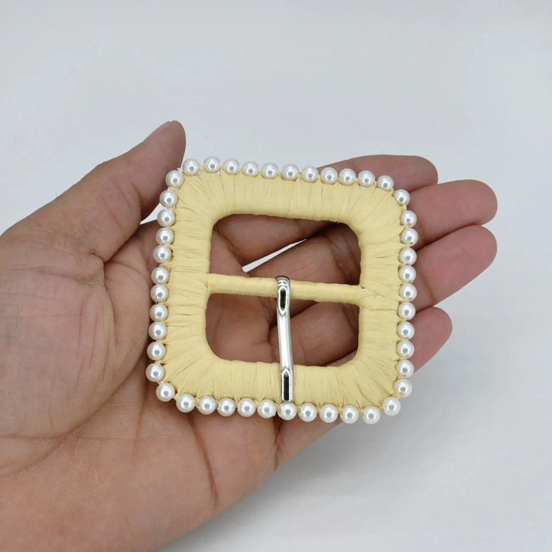 Cream Raffia Square Buckle with Pearl Border | 2.7 inches (7.1cm)