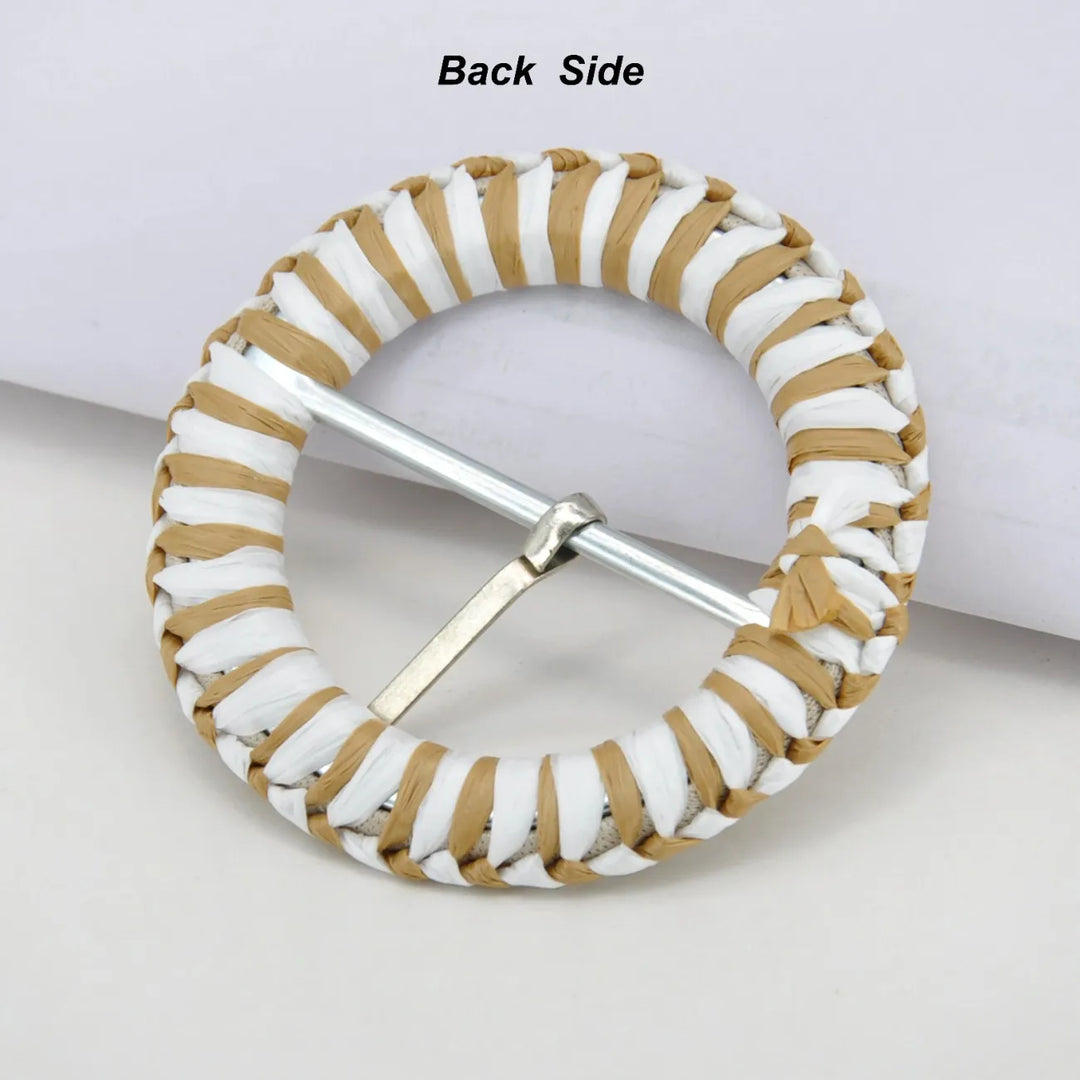 Handwoven Straw Round Buckle with Metal Pin