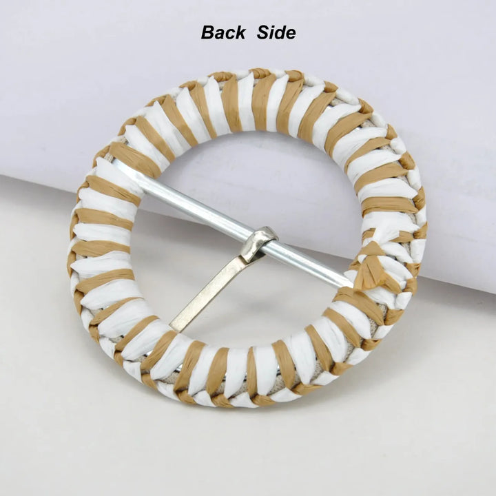 Handwoven Straw Round Buckle with Metal Pin