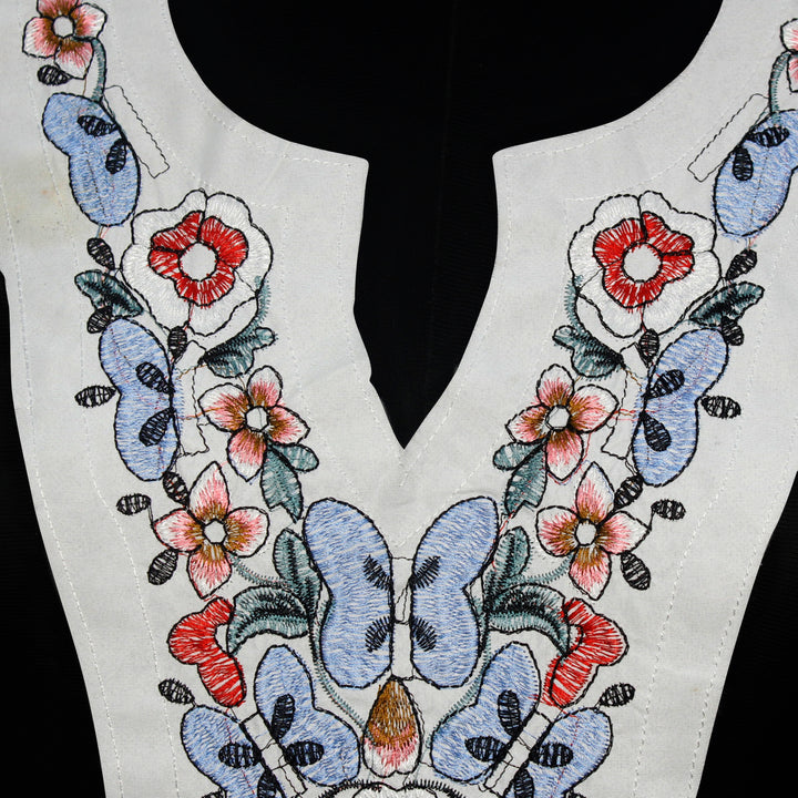 Delicate floral and butterfly embroidery neckline design