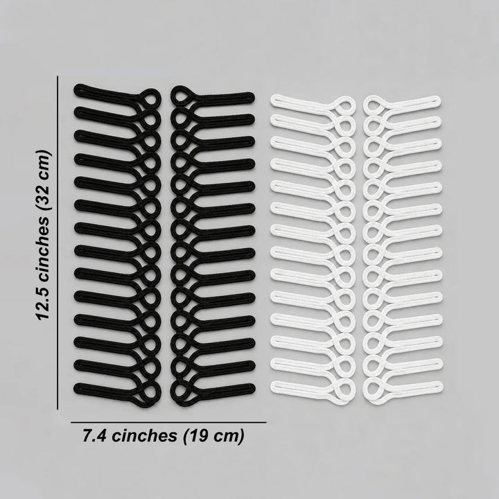 Frog closure braid loop sew-on patches in black and white with size chart: 12.5 inches (32 cm) long, 7.4 inches (19 cm) wide per pair