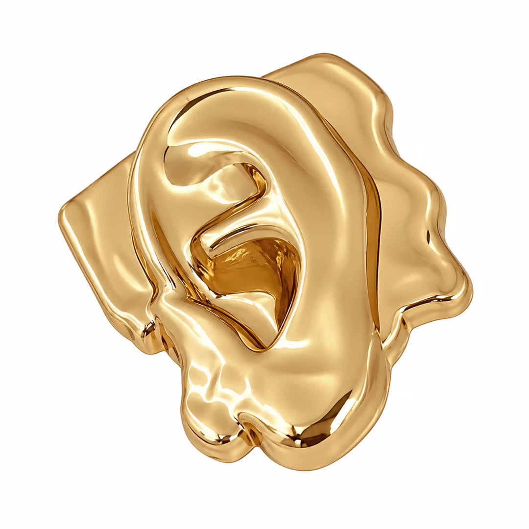 ANI Accessories 3D gold ear button with melted edges, angle view with white  color background 