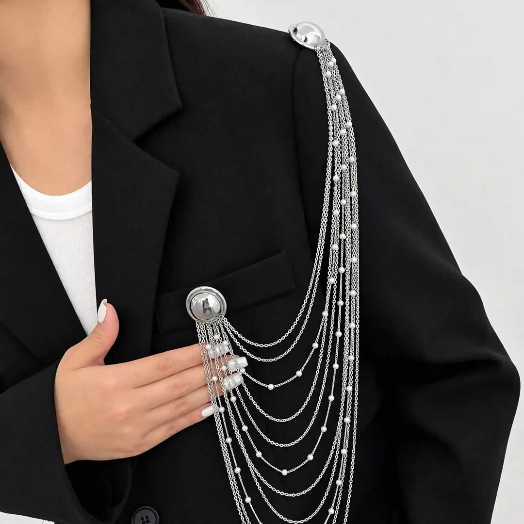 Layered Chain Brooch for Blazer – Pin Tassel Brooch