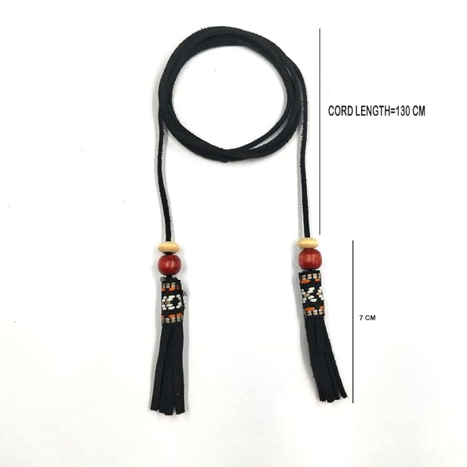 Black Suede Belt with Wooden Beads and Tassels