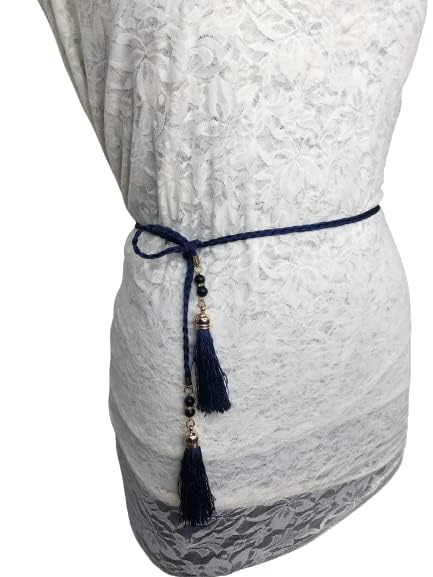 Tassel with Pearl Detailing Braided Polyester Waist Belt/Rope/Cord for Women/Girls (Blue)