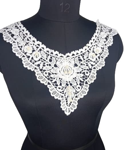 White Floral Embroidery with Pearls Neckline